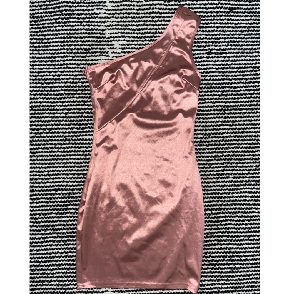 Pink satin one shoulder dress with open detail